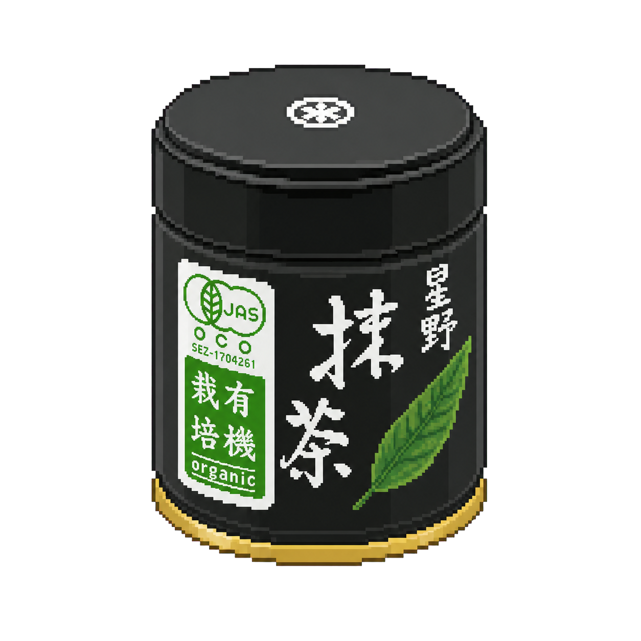 Pixel art tin of Hoshino Seichaen Organic Matcha