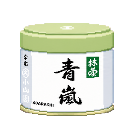 Pixel art tin of Marukyu Koyamaen Aorashi