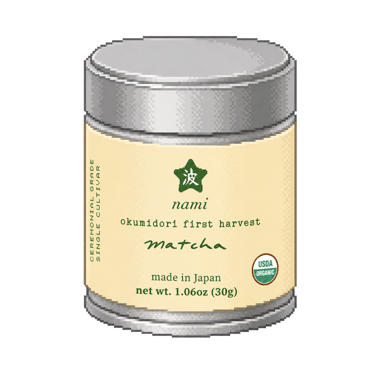 Pixel art tin of Nami Matcha Okumidori First Harvest